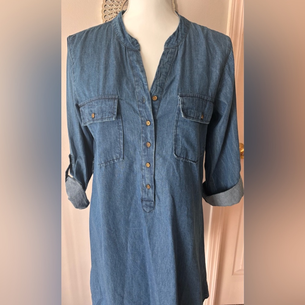 Blue Denim 3/4 Sleeve Scoop Neck Mini Dress